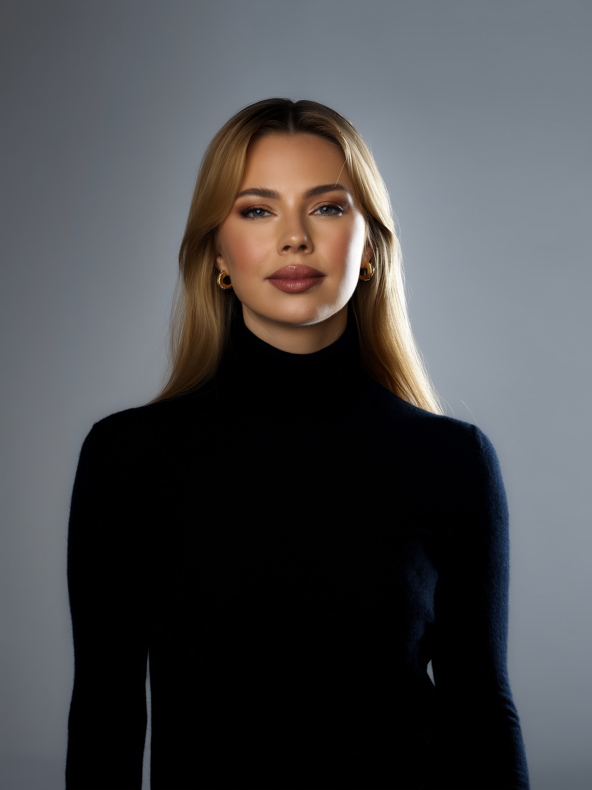 Professional headshot with black turtleneck at Selfieroom